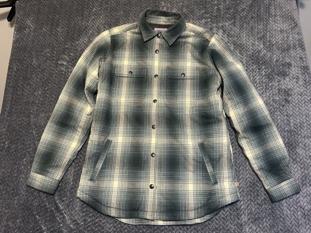 Carhartt Shirt Jacket Womens Small 4/6 Green Plaid Sherpa Lined Flannel Snap Up